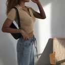 Women Knit Crop Polo Shirts,Summer Short Sleeve Ribbed Collared T-Shirt Solid Fitted V Neck Tops (M)