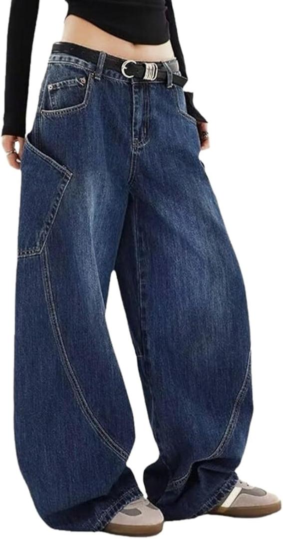 Baggy Jeans for Woman Men High Waisted Barrel Leg Jeans Casual Loose Denim Pants Streetwear Clothes (Blue) Large