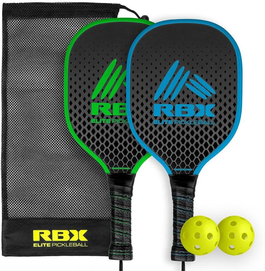 RBX Pickleball Equipment Set (2 Pack 2 Paddles, 2 Balls) Pickleball Game for Kids Premium Wooden Paddles, Ergonomic Grip Design, Durable, X-40 Outdoor Balls (Blue/Green Frame)
