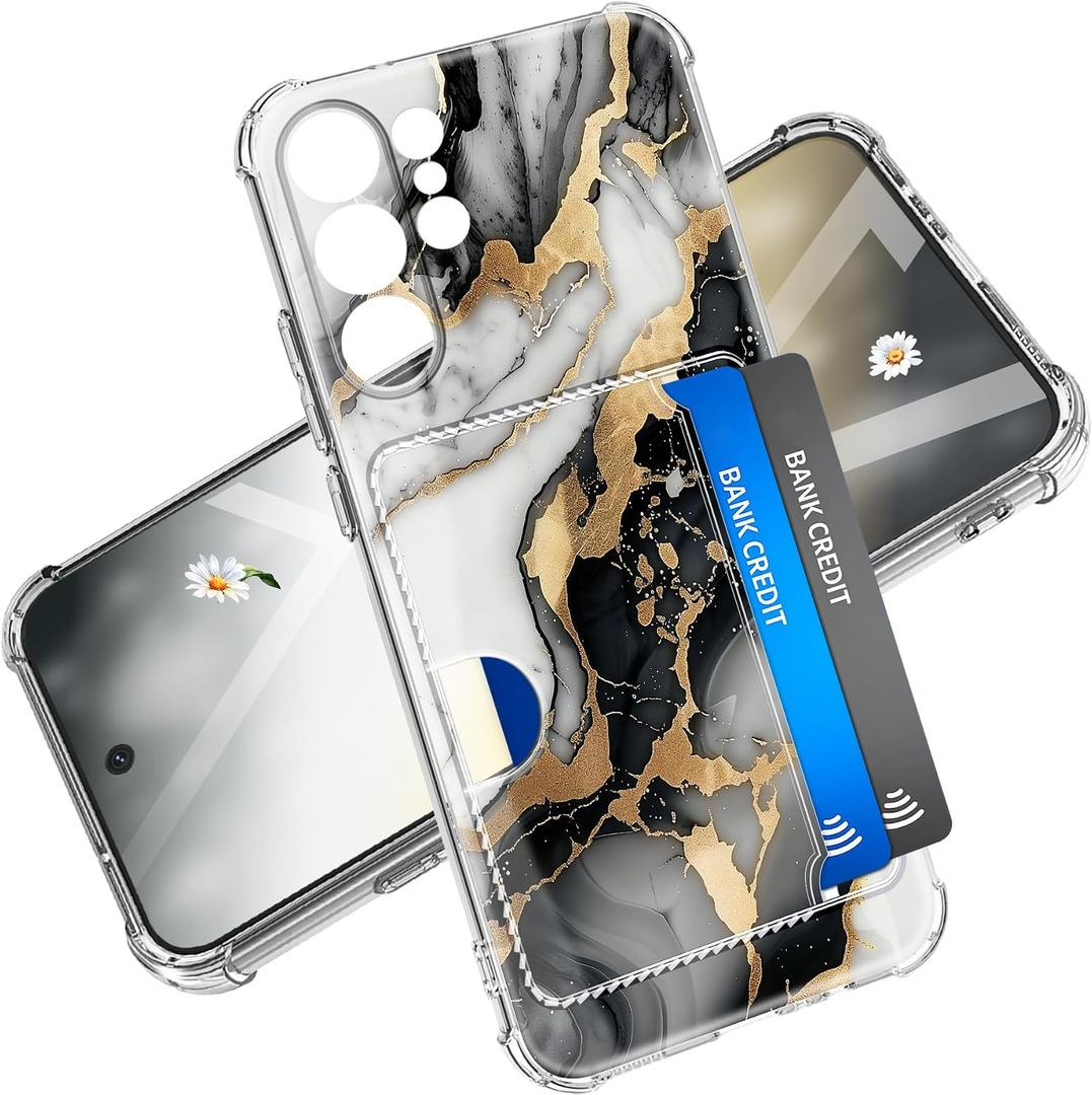 for Samsung Galaxy S26 Ultra Case 5G Phone Card Holder [Military Grade Drop Test] Full Body Protection Slim Shockproof Rugged Marble Cover 6.9" for Women Men (Black White Gold)