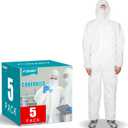 FURWEY Hazmat Suits 5 Pack Disposable Protective Coveralls, with Elastic Wrists, Ankles and Hood, (3X-Large)