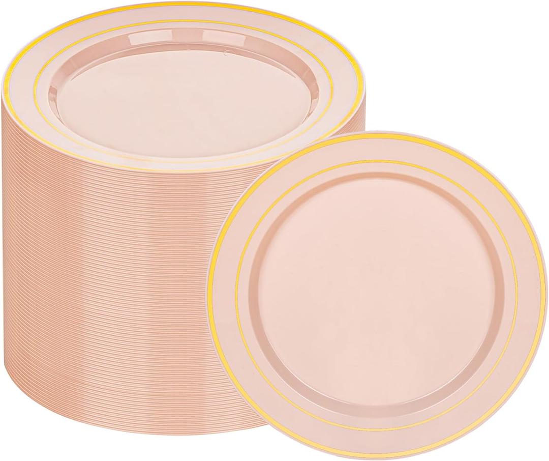 100Pcs Pink Plastic Dessert Plates, Disposable Salad Plate with Gold Rim, Premium Hard Fancy Small Plates, Heavy Duty Plastic Cakes Plates for Party, Wedding&Birthday&Valentine's Day