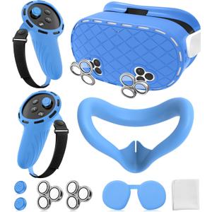Silicone Cover Set Compatible with Meta/Oculus Quest 3s Accessories, Silicone Face Cover, Controller Grip Cover, Camera Lens Protector, VR Shell Cover, Protective Lens Cover, Not Fit Quest 3 (Blue)