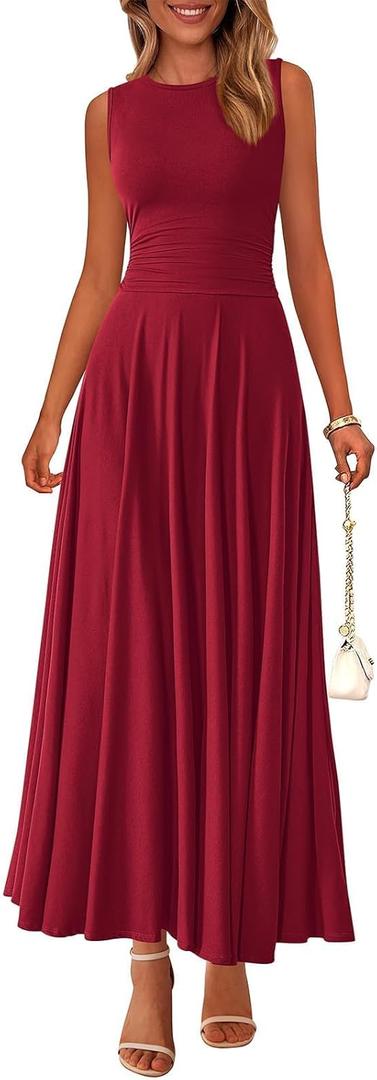 PRETTYGARDEN Womens Spring Dresses 2026 Casual Sleeveless Crewneck Aline Maxi Dress Stretch Tank Flowy Long Dresses (Medium, Burgundy)