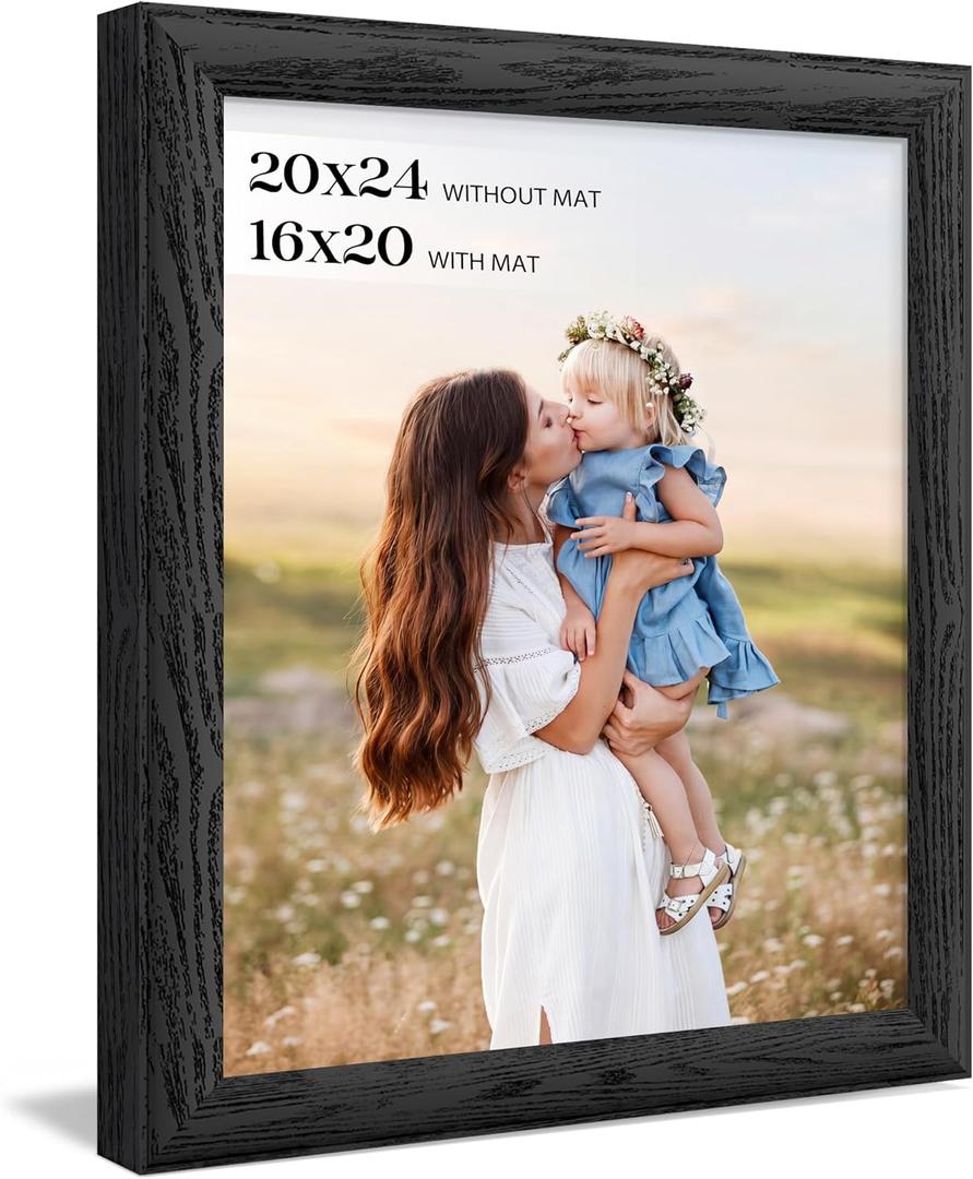 Display 20 x 24 Picture Frame Black. 1.57 Inch Wide Wood Grain Texture, Pictures 16 x 20 with Mat. Horizontal or Vertical Wall 20x24 Picture Frame.