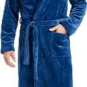 FG FEAYIGUDIM Men's Fleece Plush Bathrobe Full Length Big and Tall Shawl Collar Plaid Men Robe(Navy, L/ XL)