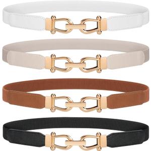 WERFORU Women Skinny Belt for Dresses Retro Stretch Waist Belt with Gold Buckle Set of 4 (B-light Beige+black+white+dark Brown-gold Buckle)