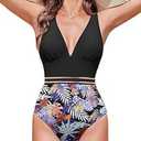 AI'MAGE One Piece Swimsuit Women 2025 Sexy Mesh Tummy Control Bathing Suits Swim Suit Deep V Neck Swimwear Purple Leaf L