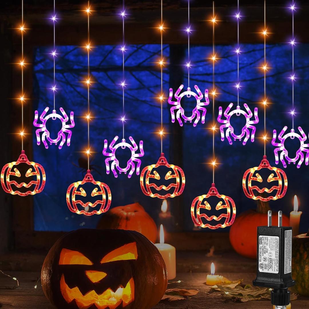 cerflyer Halloween Window Lights,9.85ft 190LED Purple Spider Orange Pumpkin Lights Outdoor Hanging Halloween Curtain String Light 8 Modes for Front Yard Patio Window Party Home Indoor Outside Decor