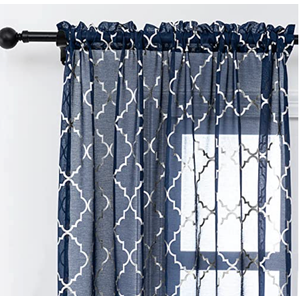 YJ YANJUN Blue and Silver Sheer Curtains 84 inches Long Rod Pocket Moroccan Shiny Metallic Print Voile for Living Room 2 Panel W52 x L84 Inches