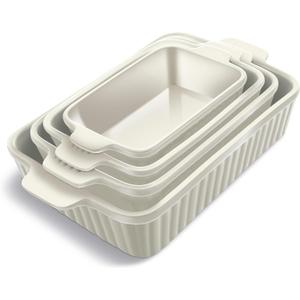 COOK WITH COLOR Casserole Dishes for Oven, Porcelain Baking Dishes, Ceramic Bakeware Sets of 4, Rectangular Pans Handles for Baking Cake Kitchen (Cream)
