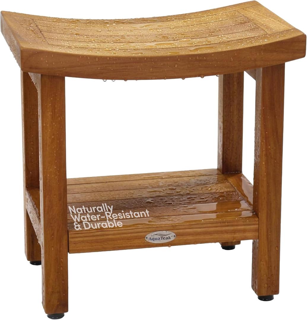 AquaTeak Patented 18" Sumba Teak Shower Bench - Shower Stool with Storage Shelf for Bathroom - Durable Water Resistant Shower Chair - Shaving Foot Rest - Indoor & Outdoor Use