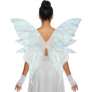 YKW Fairy Wings for Adult Women,31.5"x29" Butterfly Cosplay Wings with Lace Gloves,Organza Costume Wings for Halloween Party (White (White + Light Blue))