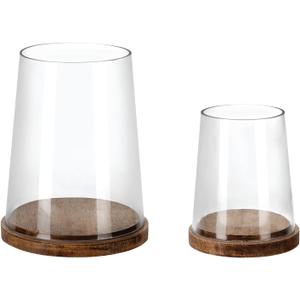Set of 2 Glass Hurricane Candle Holders with Handmade Sturdy Glass Sleeves and Vintage Natural Wood Base for Pillar Candle & Plants, Industrial, Farmhouse, Display Cloche Bell Jars, Table Centerpiece