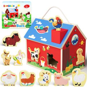 Wooden Barn Shape Sorter Montessori Farm Animal Toys for Toddlers, Educational Pretend Play Barn with Flip-Open Roof & Handle, 12 Animal Blocks, Birthday for 2-4 Boys Girls
