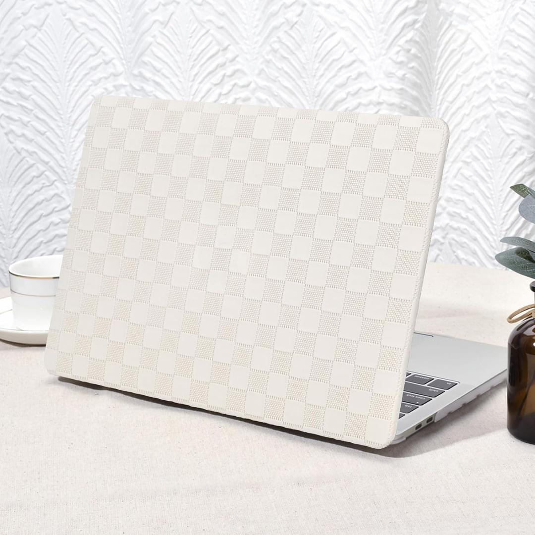 Seorsok Compatible with MacBook Air 13 Inch Case2022 2021 2020 2019 2018 Release A1932 A2179 M1 A2337,Elegant Leather Plastic Hard Shell Case Transparent Keyboard Cover,Beige PVC Grid No Logo Cutout