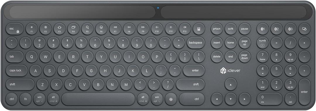 iClever Solar Bluetooth Keyboard, Wireless Keyboard with Solar & Indoor Light Charging, Full Size, 3-Device Connectivity, Silent Scissor Round Keys, Numeric Keypad for Office/Home/Mac/Windows