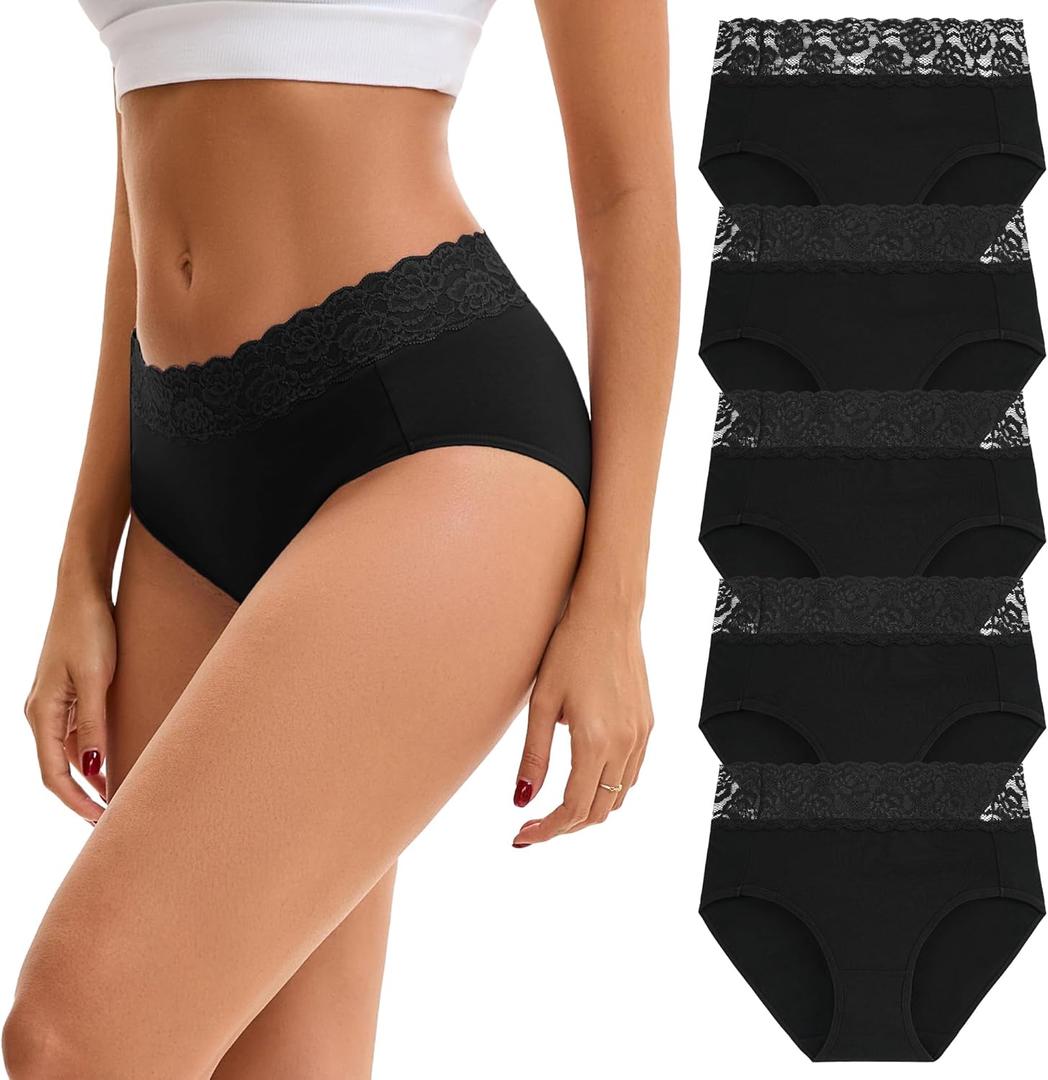 INNERSY Women's Cotton Underwear Lace Bikini Hipster Panties for Women High Waisted Ladies Briefs 5 Pack, 2X-Large
