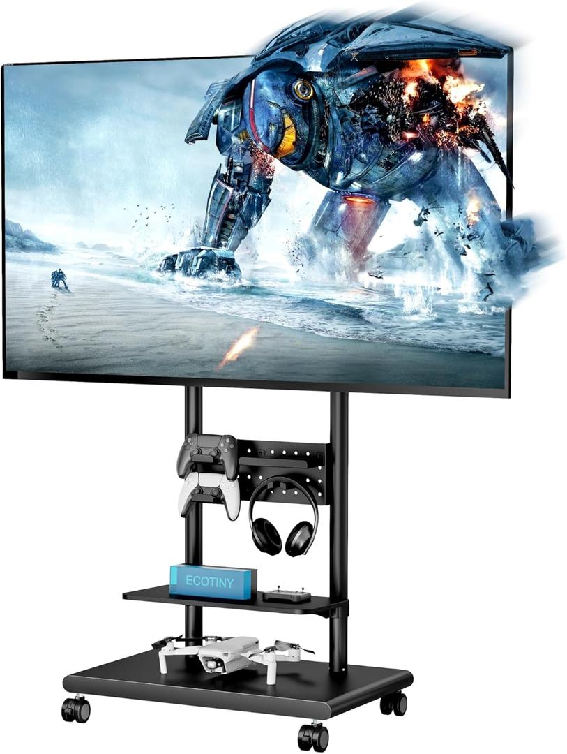 Heavy-Duty Rolling TV Stand for 37–75″ TVs, Supports up to 198 lbs (154 lbs TV + 22 lbs Per Shelf), Height Adjustable Tilt Swivel Rolling TV Cart with Pegboard Storage, Max VESA 600×400, Black
