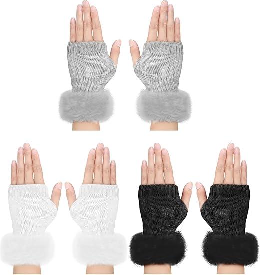 Neer 2 Pairs Faux Fur Fingerless Gloves Winter Knit Gloves Warm Fluffy Thumb Hole Mittens Arm Warmers for Women