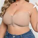 OYOANGLE Women's Plus Size Front Closure Push Up Strapless Bandeau Bra Wireless Tube Bralettes with Clear Strap (Beige)
