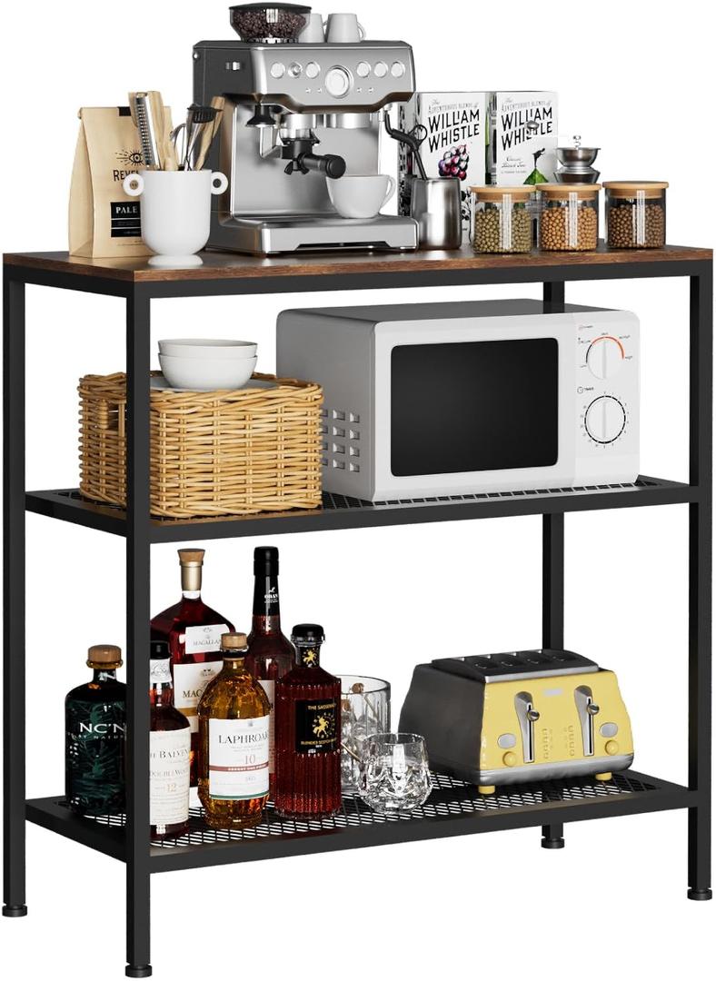 Kitchen Island with 3 Tier Storage, Height-Adjustable Kitchen Shelf, Microwave Stand for Dining, Sturdy Metal Frame, 30.7" L x 13.77" D x 31.51" H,Rustic Brown and Black
