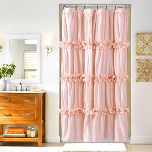 Peach Small Stall Ruffle Shower Curtain 36" W x 72" H, Vintage Handcrafted Bow Tie Bath Curtain for Master Bathroom, Ruched Polyester Bathroom Curtain with 7 Buttonholes (LQ-10)