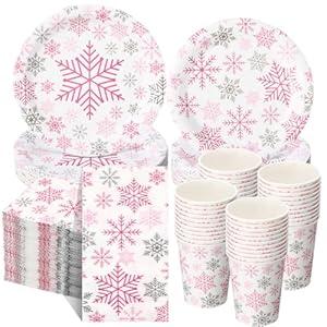 Pickmesh 250 Pcs Winter Wonderland 1st Birthday Decoration Snowflake Party Supplies Tableware Set Pink Silver Snowflake Disposable Paper Plates Napkins and Cups for 1st Birthday Baby Shower