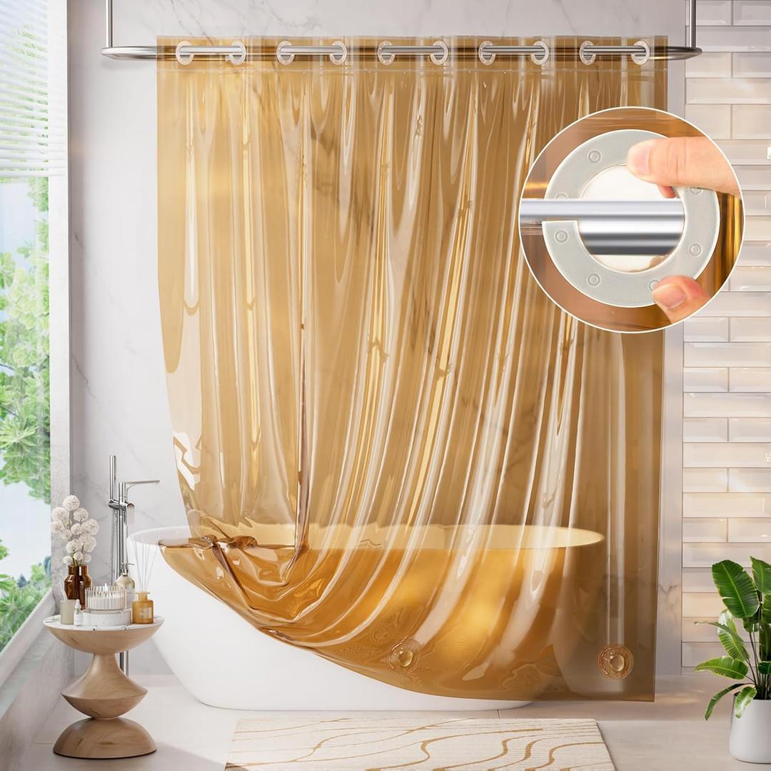 AmazerBath No Hook Shower Curtain and Liner 3-in-1, 8G Luxury Heavy Duty Clear Orange No Hook Shower Curtain Liner, 72x75 Cute EVA Bathroom Weighted Plastic Shower Curtain with 3 Heavyweight Stones (Rainbow Sunset)