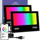 LED Flood Light Outdoor, 50W RGB Color Changing Smart Floodlights 2700K 5000LM Warm White & 16 Million Colors, RGBW Stage Lights with APP Control, 43 Modes, Grouping, Timing, IP66 Waterproof (2 Pack)