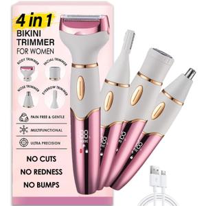 3 x 4 in 1 Bikini Body Trimmer for Women | Rechargeable & Waterproof | Grooming Kit with Body, Facial, Eyebrow and Nose Attachments | Precision Trimmer for Smooth, Painfree Hair Removal (Rosegoldwhite)