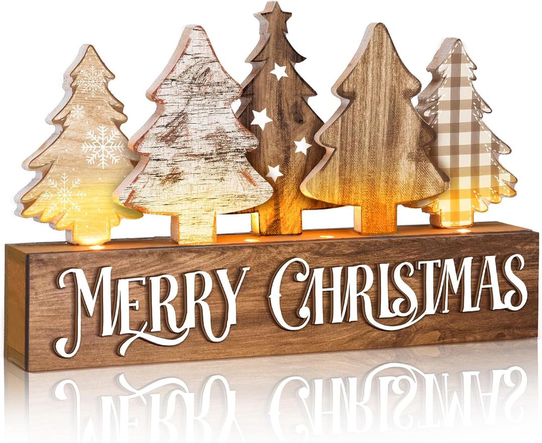 Chunful Lighted Wooden Christmas Tree Decor Rustic Christmas Tabletop Decoration Sign for Home Office Fireplace Farmhouse Xmas Party Table Centerpieces