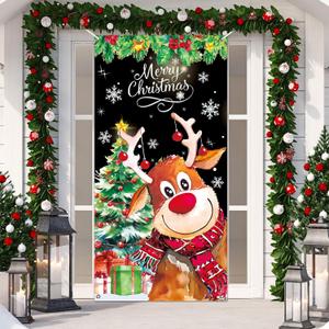 Reindeer Xmas Door Banner 35 x 71 Inches - Elk Door Backdrop for Winter Holiday Party Decorations