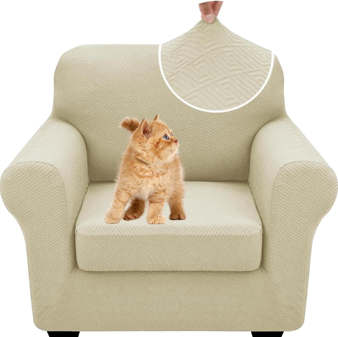 XINEAGE New 2 Pieces Chair Covers with Arms Super Stretch Chair Slipcover for Living Room Pet Dog Universal Slip Cover Anti Slip Armchair Furniture Protector (Light Beige), 31"-46"(1 Cushion)
