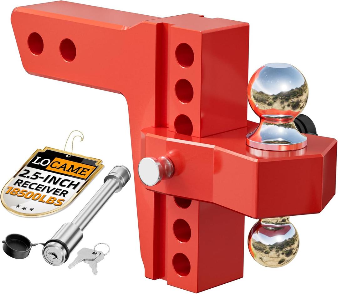 LOCAME Adjustable Trailer Hitch, Fits 2.5-Inch Receiver Only, 8-Inch Drop/Rise Aluminum Drop Hitch,18,500 LBS GTW-Tow Hitch for Heavy Duty Truck with Double Stainless Steel Locks, Red, LC0015