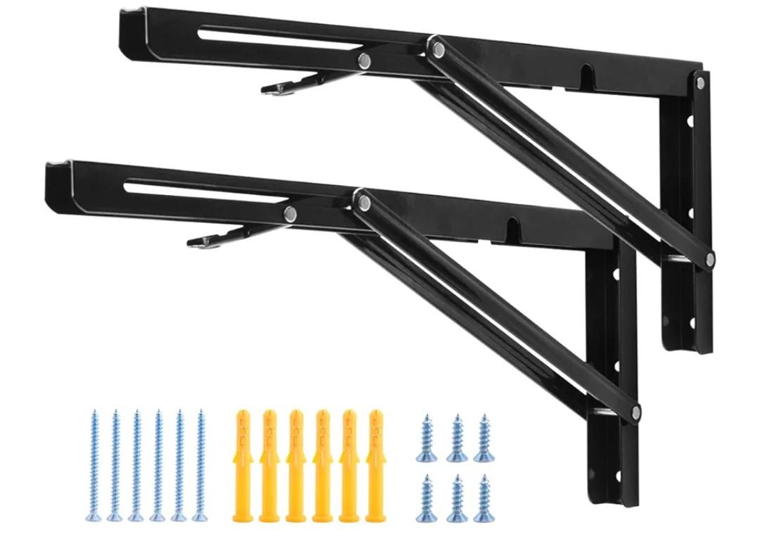 YUMORE 16 Inch Folding Shelf Brackets, Heavy Duty Collapsible Shelf Bracket, Black DIY L Bracket for Workbench Folding Table Hinge, Max Load: 330lb, Pack of 2