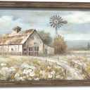 Farmhouse Wall Art Wood Decor: Large Framed Barn Windmill Picture Rustic Country Farm Print Artwork Rural Countryside Landscape Painting for Home Bedroom Decorations (57"L x 27"W)