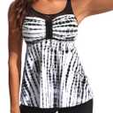 Hanna Nikole Women Two Piece Tankini Swimsuit Modest Bathing Suit Mesh Flowy Swim Top with Tummy Control Boy Shorts (Medium, Black White Tie Dye)