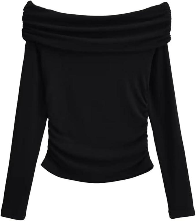 DARONG Women's Ruched Slash Strapless Long-Sleeved T Shirt Slim T-Shirt Asymmetric Warm Tank Tops Black L