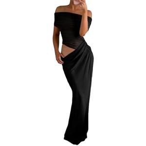 NRTHYE Women Mesh Off The Shoulder Maxi Dress Sexy See Through Short Sleeve Hollow Out Ruched Elegant Long Dresses, Large 