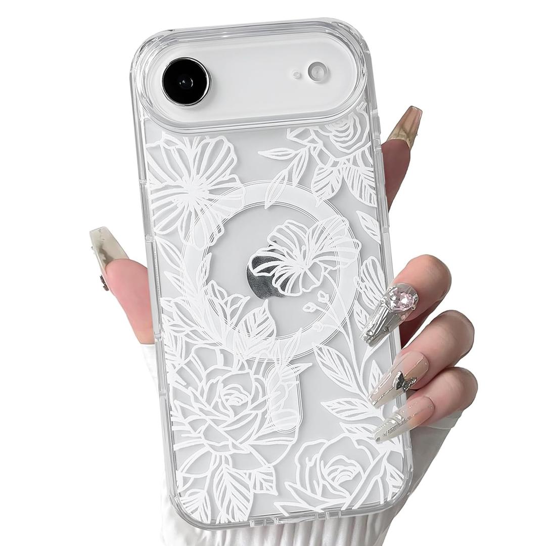 NITITOP for iPhone 17 Air Case Magnetic Cute Line Flower - White