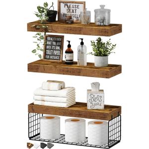 QEEIG Bathroom Shelves Over Toilet - Wall Mounted Floating Shelves Toilet Paper Storage Small Farmhouse Decor Shelf 16 inch Set of 3, Rustic Brown (019-BN3)