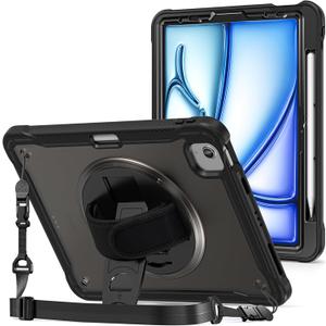 ProCase for iPad Air 11-inch 7th (M3) 2025/ 6th (M2) 2024/ Air 5th / 4th Gen 10.9"/ iPad Pro 11" 4th/3rd/2nd/1st Gen, Heavy Duty Shockproof Cover with Hand Strap 360 Degree Rotatable Kickstand -Black