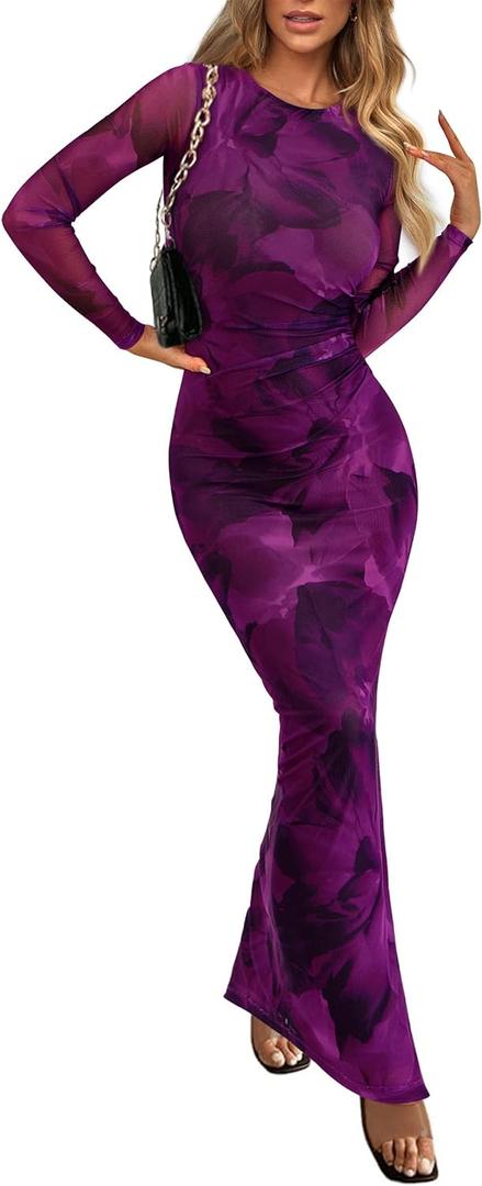 PRETTYGARDEN Women's Bodycon Maxi Dress Fall Spring Fashion Long Sleeve Floral Print Tight Fitted Party Club Ruched Dresses (Medium)