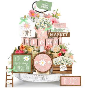 Bucherry 16 Pcs Spring Daisy Tiered Tray Decor Set Farmhouse Daisy Flower Wooden Sign Rustic Spring Table Centerpieces Floral Tiered Tray Decorations for Home Kitchen Shelf Tabletop