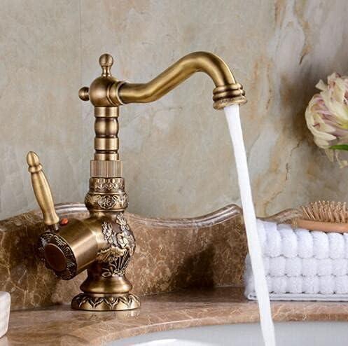 Rose Gold Vintage Antique Kitchen Faucet Brass Hot and Cold Rotating Bathroom Sink Tap Carved Basin Mixer Tap Brushed Brass Kitchen Sink Mixer Taps