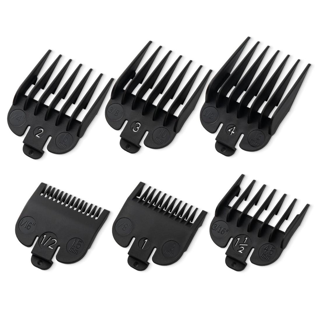 Clipper Guards Set Compatible with Most Wahl Clippers, Clipper Guides Replacement - 1/16" to 1/2", 6 Piece Set, Black Color