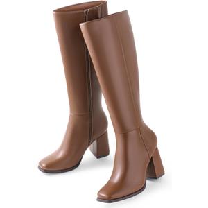 Ankis Knee High Boots for Women Squared Toe Chunky High Heel with Side Zipper Long Boots (8, Brown Pu)