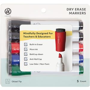 U Brands Fine Tip Dry Erase Markers with Eraser, Whiteboard Markers with Chisel tip, Extra Ink, Low Odor, Assorted Colors, Set of 5