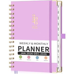 2026 Planner, Weekly and Monthly, A5 Size (5.7" x 8.3"), Jan 2026 - Dec 2026, Calendar, To-do List, Agenda, 12-Month Tabs, Hardcover, 100 GSM Thick Paper, Spiral-bound (Purple)